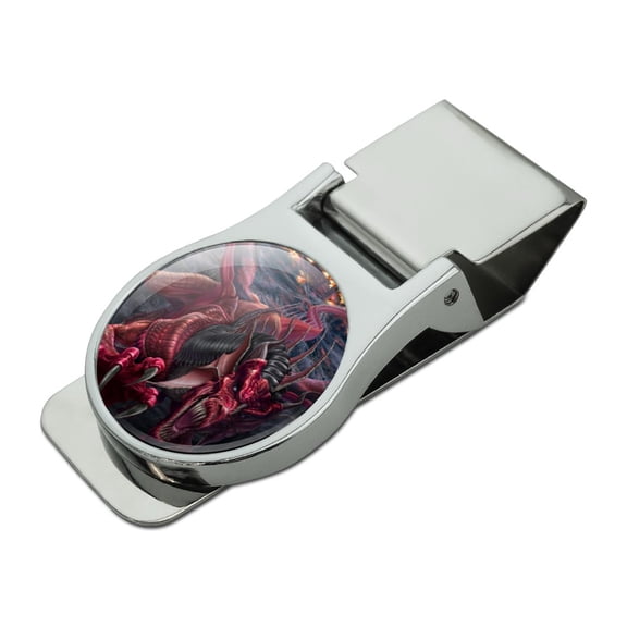 Evil Red Dragon Burning Castle Night Fantasy Satin Chrome Plated Metal Money Clip