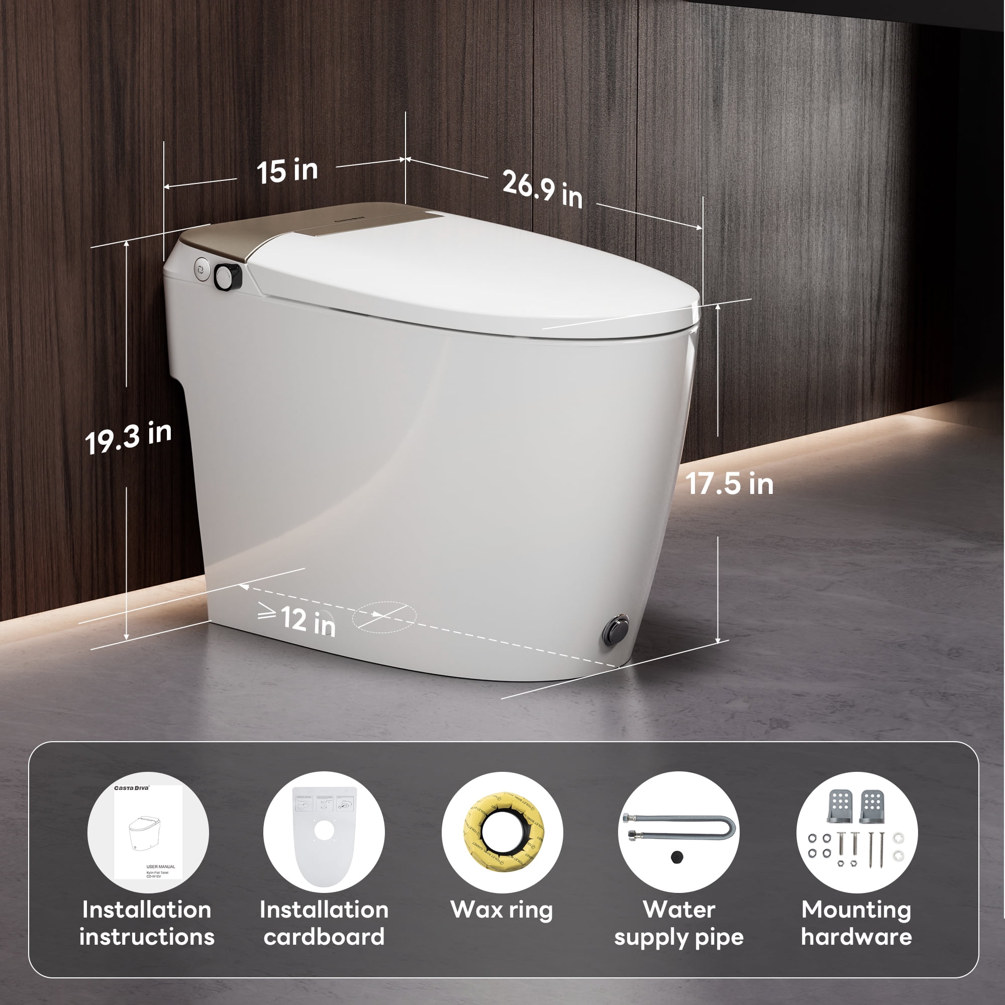 Casta Diva Non-Electric Bidet Toilet, MAP 1000g Powerful Flush Smart Toilet with Lady/Rear Wash, Foot-kick Flush, ADA Comfort Seat Height (Power Free)