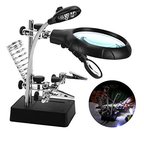 Helping Hands Magnifying Glass with LED Light and Stand 3.5X 12X Magnifier Soldering Station with Clamp and Alligator Clips Work Light for Miniatures Projects,Welding,Model Making 