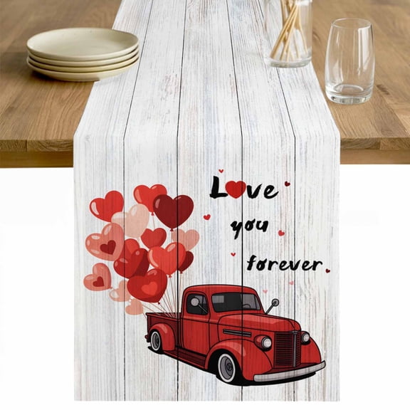 Vintage Valentine's Day Table Runner 90 Inches Long Farmhouse Dress Scarves, Red Love Heart Truck Wooden Dining Tablerunner for Coffee Table/Kitchen Island/Party Décor, 13" x 90"