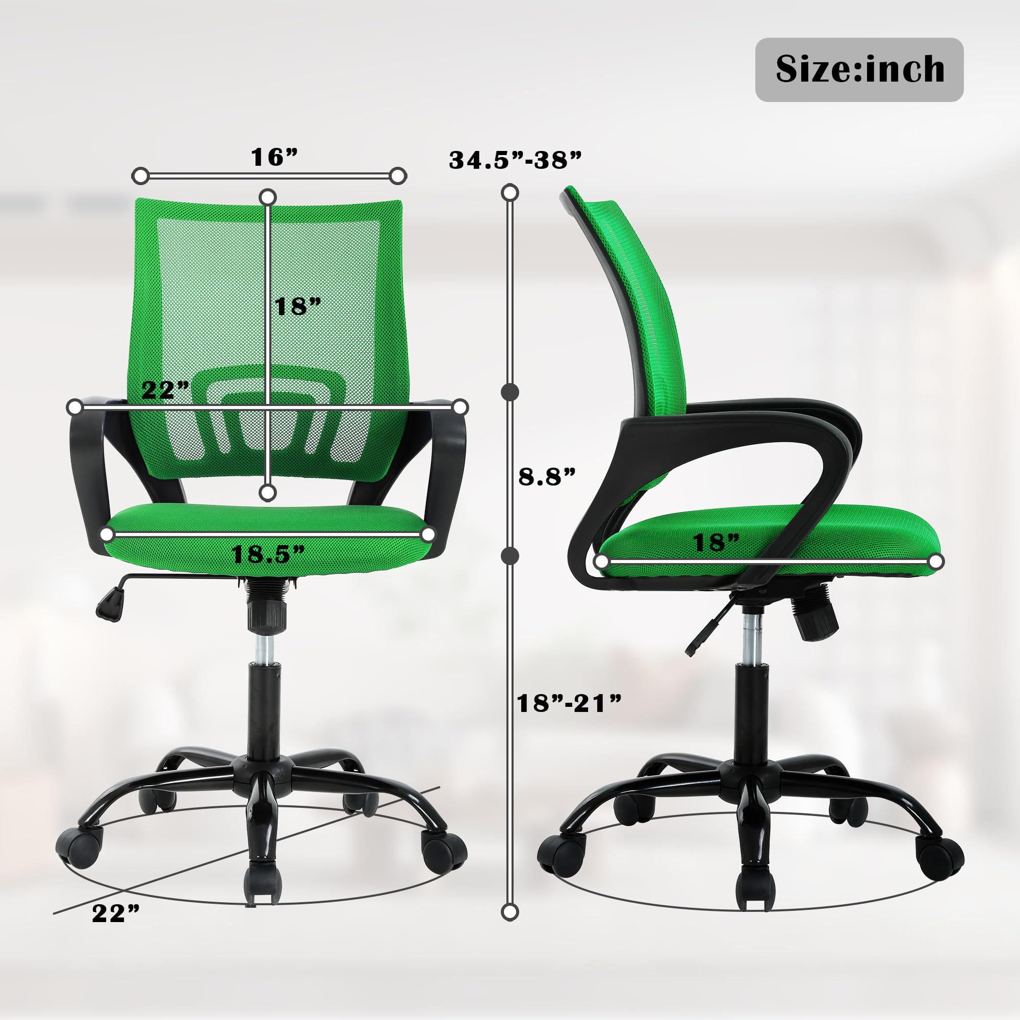 CL.HPAHKL Ergonomic Office Chair Set of 2, Mesh Computer Desk Chair with Mid-Back Support & Armrests, Adjustable Height Swivel Task Chair for Home Office, Study, Gaming, Green