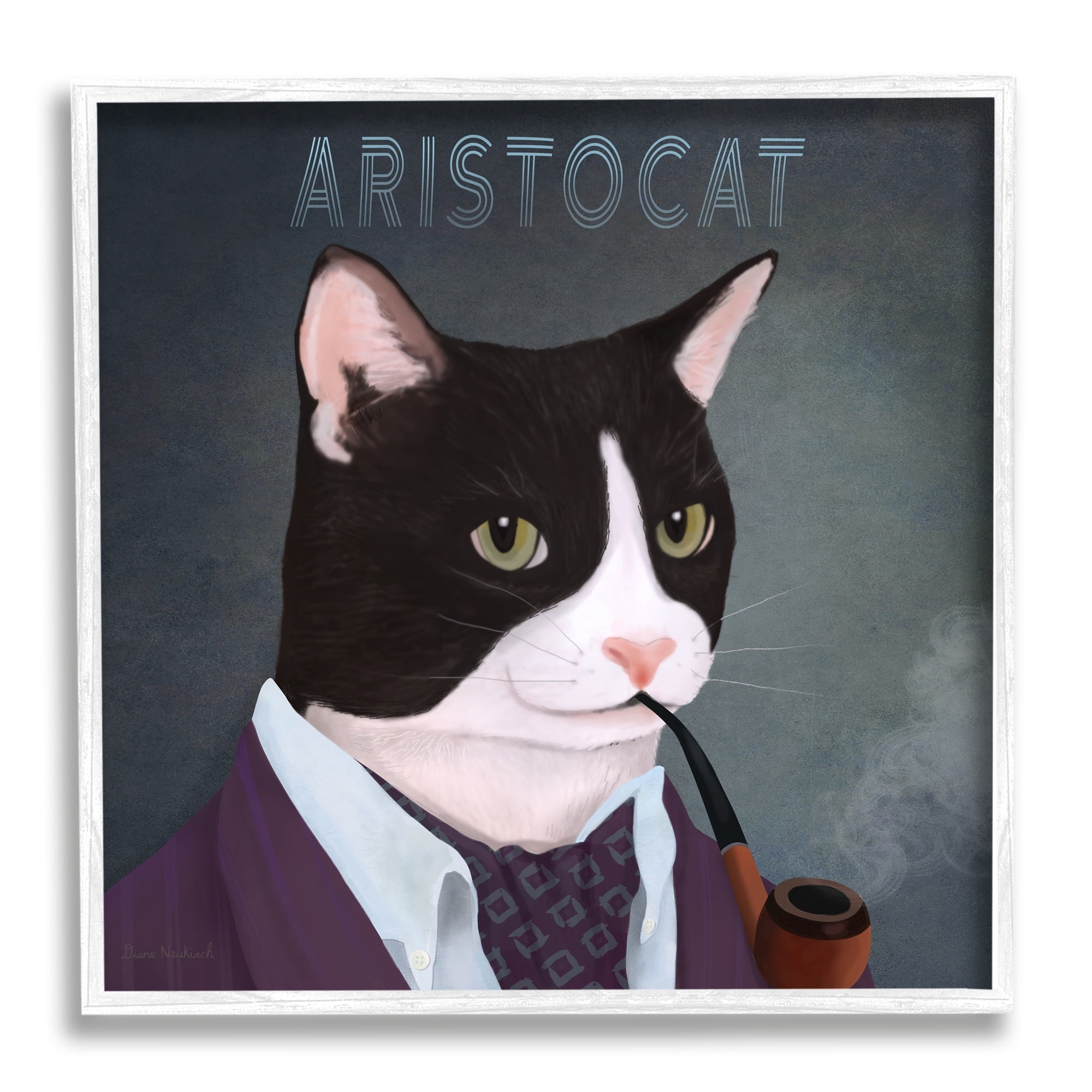 Stupell Industries Aristocat Witty Smiling Cat Portrait Smoking Pipe Graphic Art White Framed Art Print Wall Art, Design by Diane Neukirch