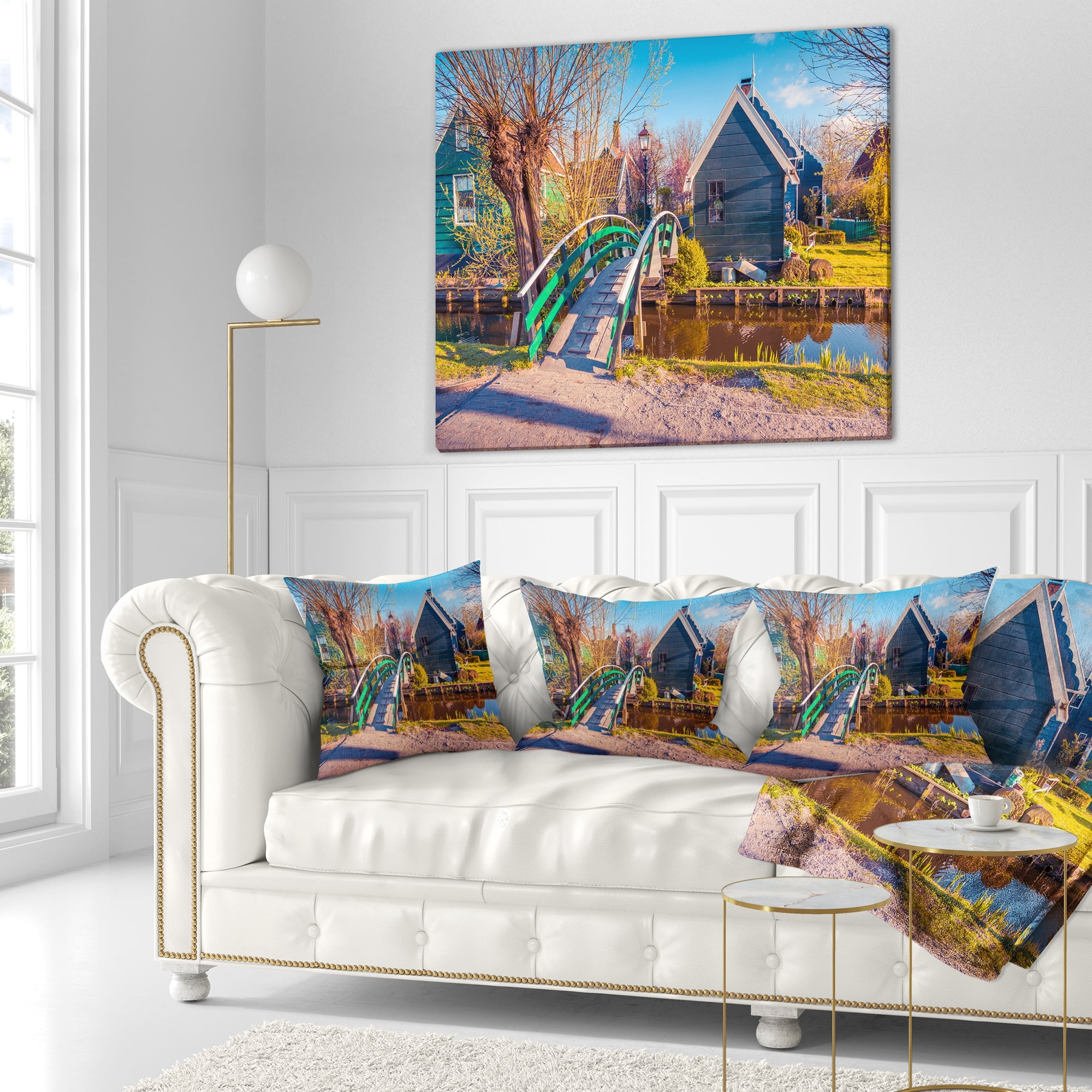 Designart Dutch Buildings in Zaanstad Village - Landscape Printed Throw Pillow - 18x18