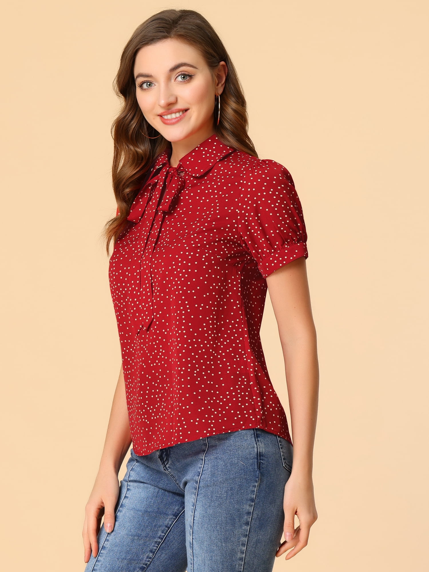 DARING DIVA Women's Polka Dots Tie Bow Chiffon Blouse XL Red-Dots