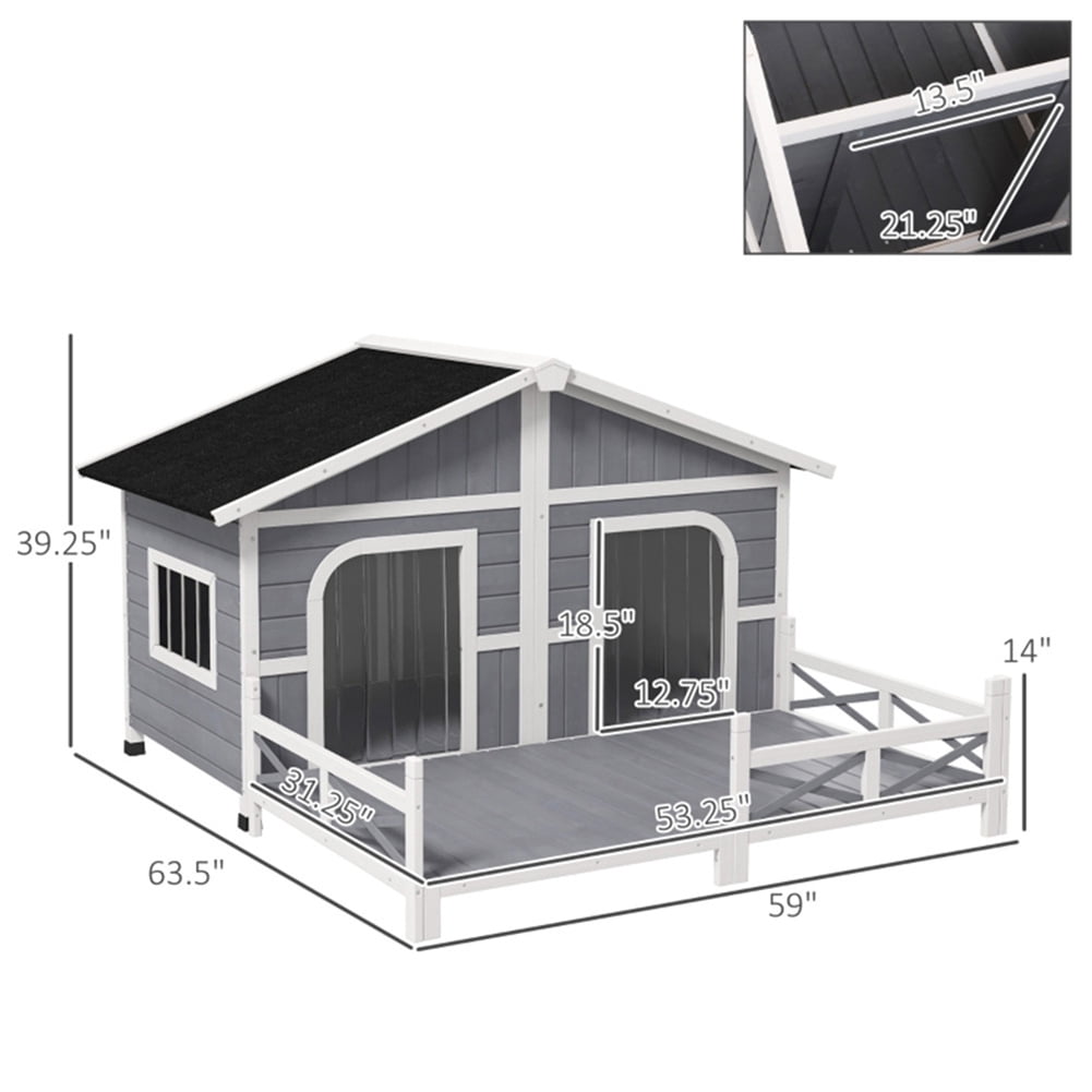 Kadyn Cabin Style Raised Dog Shelter with Roof, Doors, and Window, Wooden Dog House Outdoor with Porch, for Medium Large Sized Dog, Gray Kadyn Cabin Style Raised Dog Shelter with Roof, Doors, and Window, Wooden Dog House Outdoor with Porch, for Medium Large Sized Dog, Gray