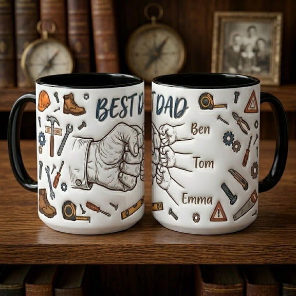 Personalized Dad First Bump Inflated Effect Mug, Custom Kids Names Coffee Mug Father's Day Gift for Grandpa, Custom Tea Mug Gift for Papa