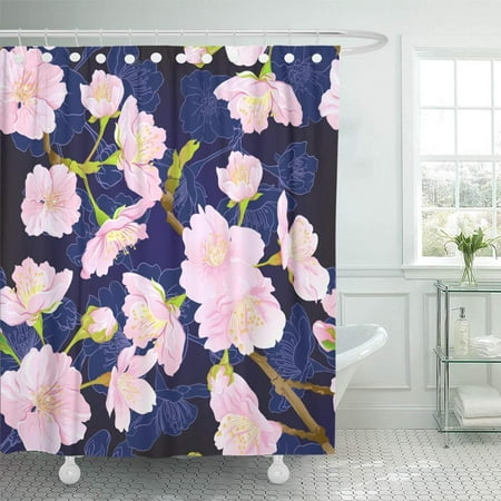 Rose Colored Shower Curtain PKNMT Blooming Cherry Japanese Sakura in Rose Pink Colors Stock Dark Blue Colored Waterproof Bathroom Shower Curtains Set 66x72 inch ()
