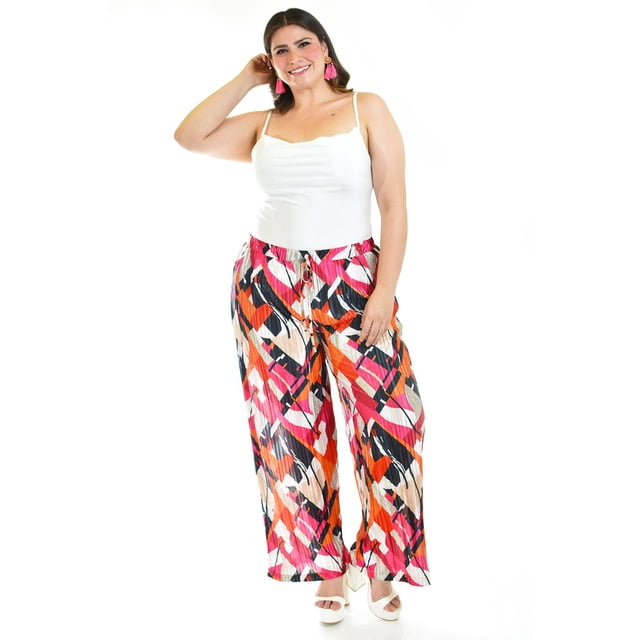 Pantalón de satín plisado Roman Fashion 2331 Fiusha estampado fucsia Talla Extra 36