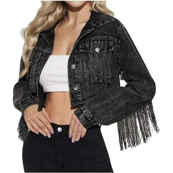 Yuyuzo Cropped Denim Jacket Tassel Patchwork Long Sleeve Lapel Collar Open Front Button Vintage Jean Coat