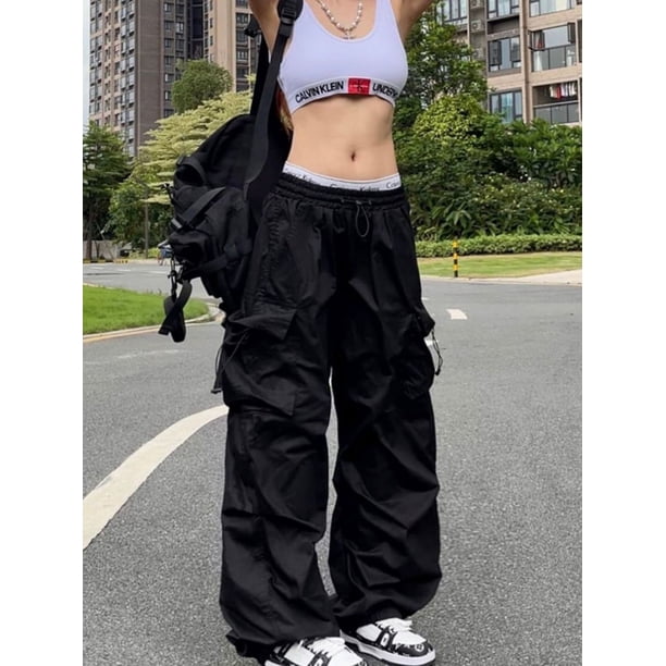Y2K Parachute Black Pants Women Hippie Streetwear Oversize Pockets