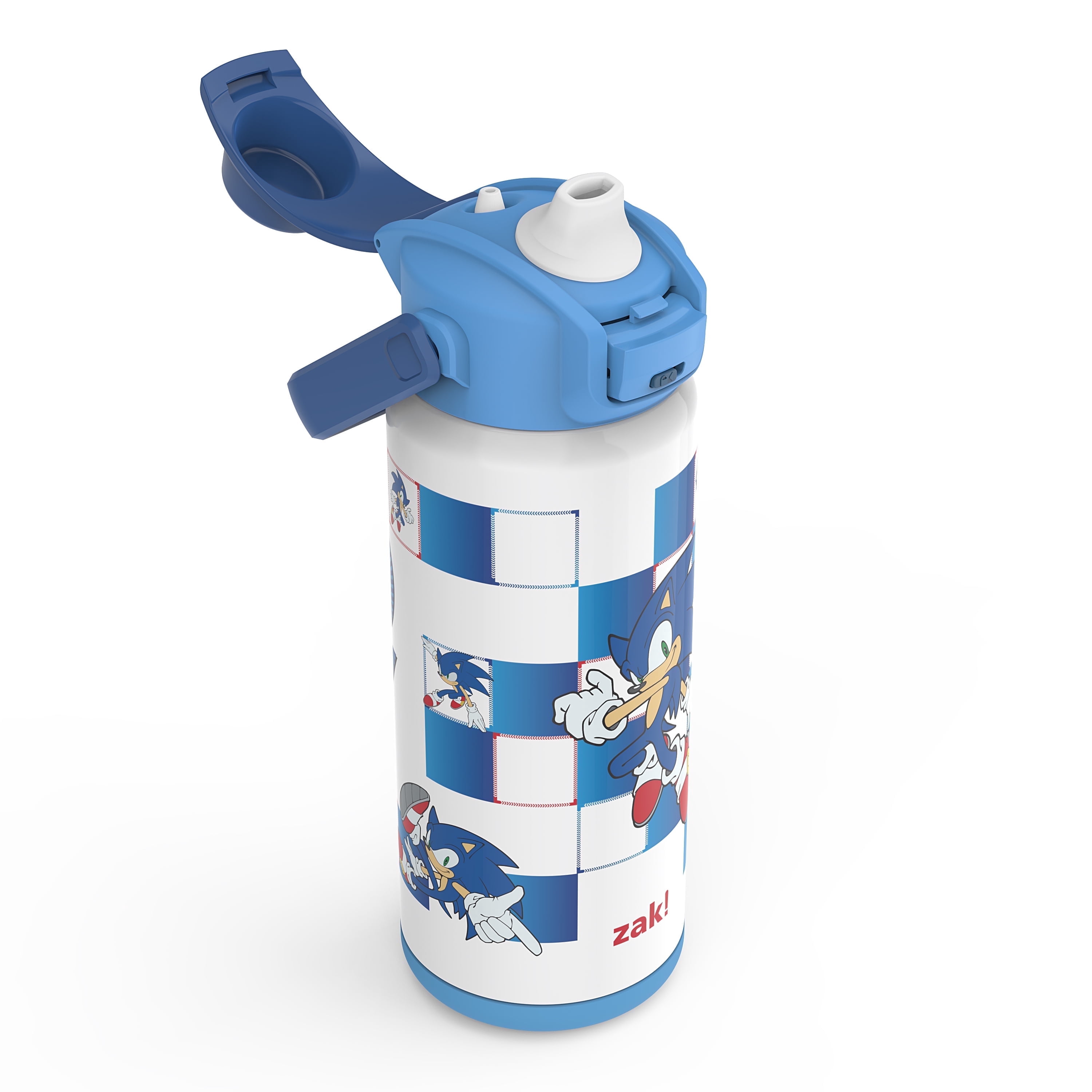 Zak Designs 20oz Kids Straw Water Bottle, Stainless Steel Vacuum Insulated Liberty Bottle with Easy-Open Locking Spout Cover for Travel, Built in Carry Handle, Modern Sonic