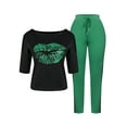 thumbnail image 2 of Lovelywholesale Plus Size Casual O Neck Lip Print Green Two-piece Pants Set, 2 of 4