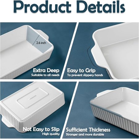 2-Pack Casserole Dishes for Oven, Large Baking Dishes 9x13,4.2 Quarts Baking Pan with Handles,Lasagna Pan Deep Casserole Dish Set Bakeware Oven Safe Ceramic Baking Dish for Lasagna,Wedding Gift, White