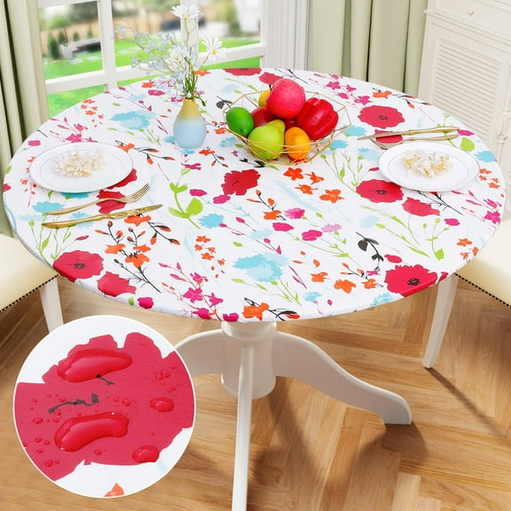 decorUhome Round Waterproof Fitted Tablecloth for 36" - 44" Tables, Elastic Plastic Flannel Backed Table Cover for Dinner, Outdoor, Picnic, Flowers