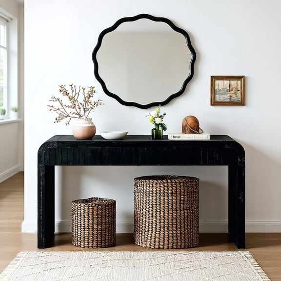 Resenkos 59'' Vintage Crafted Entryway Table,Two Hidden Handle Drawers,Farmhouse Console Table ,Easy Assembly, Antique Black