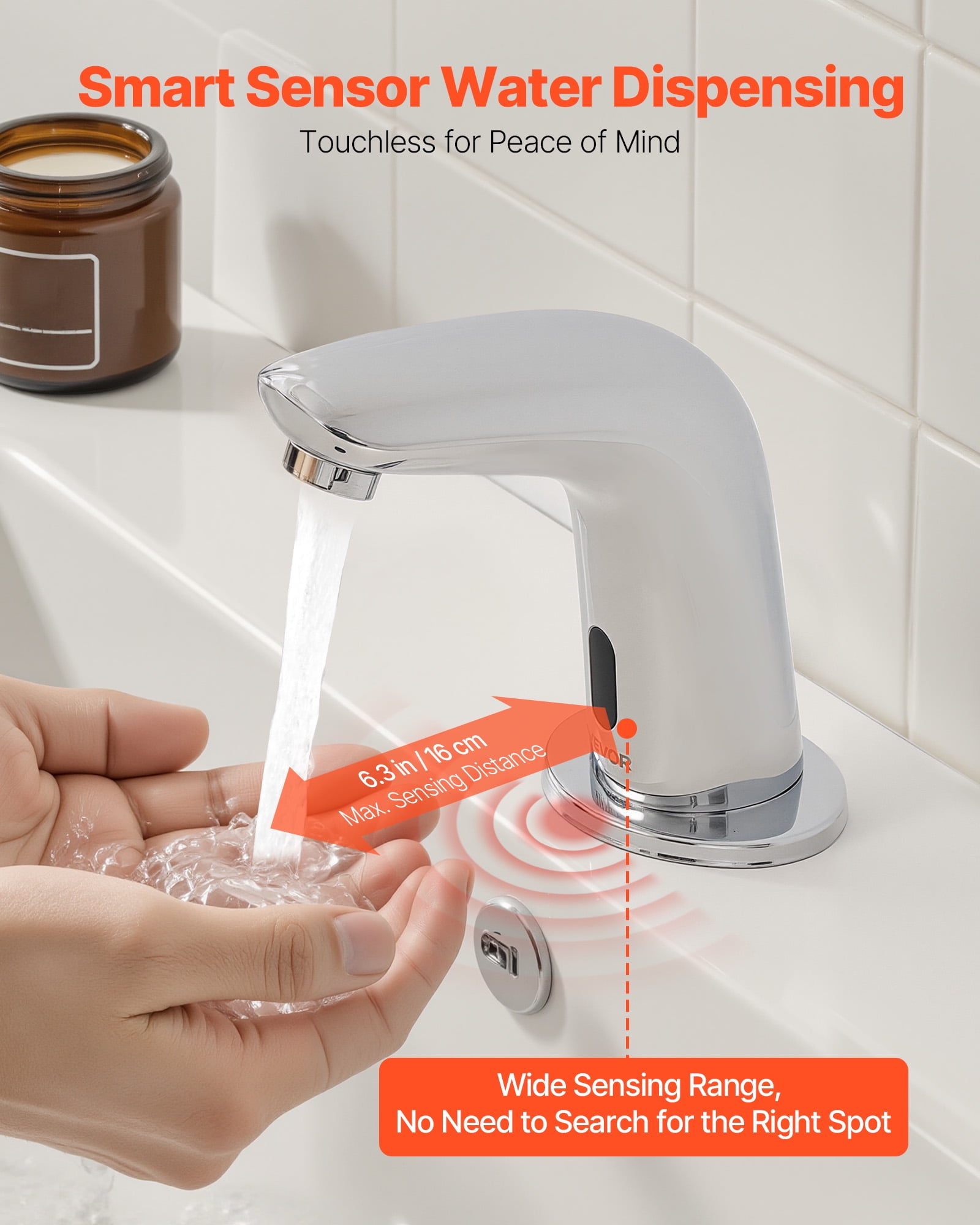 VEVOR Touchless Bathroom Sink Faucet, Automatic Motion Sensor Restroom Toilet Faucet Cold Water with Hole Cover Plate, Battery Operated for 9/16 in Pipe Commercial Lavatory,Chrome Plated Silver G112M