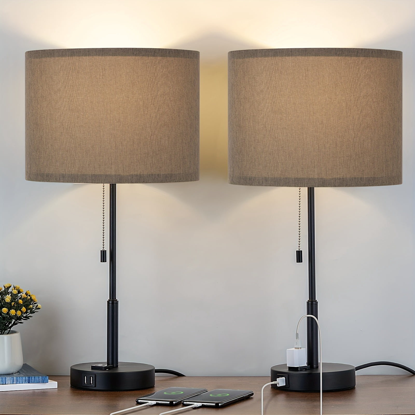 Modern Style Large Table Lamp Set, with 2 USB Ports And a 3-Hole AC Socket Table Lamp, Suitable for Bedroom, Living Room, Study, Including LED Light Bulb, 21.7 Inches High