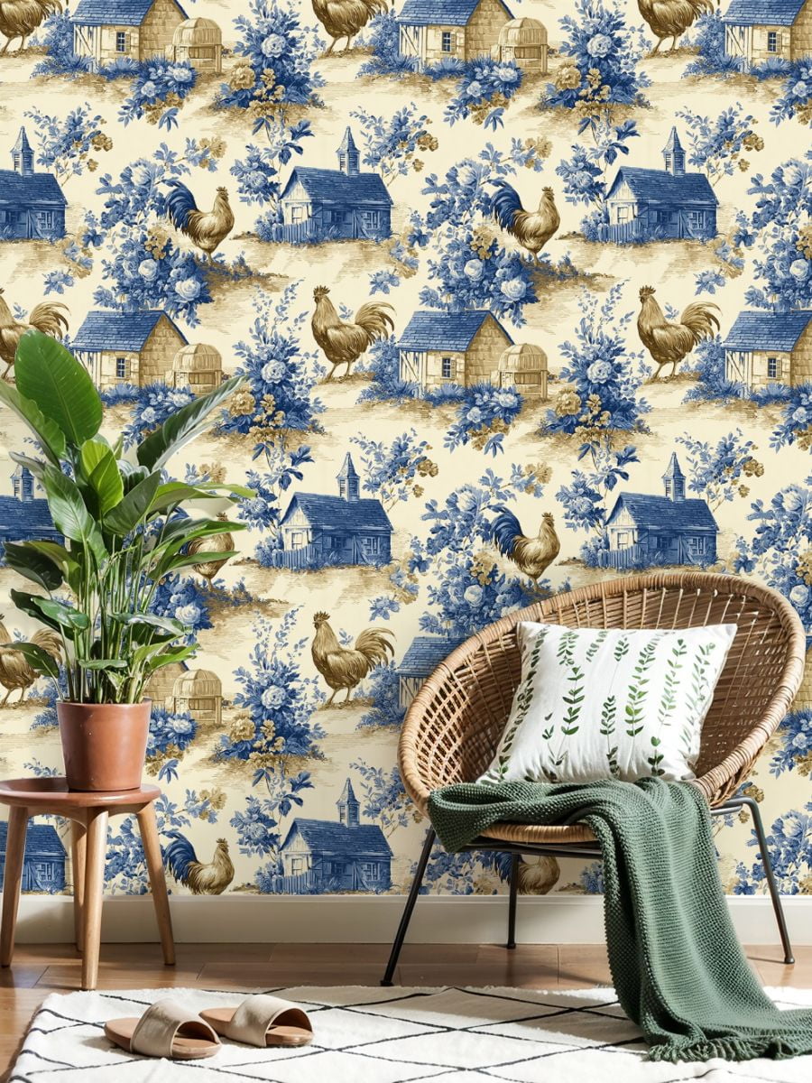 Peel and Stick Wallpaper 17.7in x 9.8ft Farmhouse Toile Roosters Cottages Blue Floral Motifs Contact Paper Vinyl Self-Adhesive Removable Wall Paper for Bedroom Kitchen Cabinet Renter Friendly