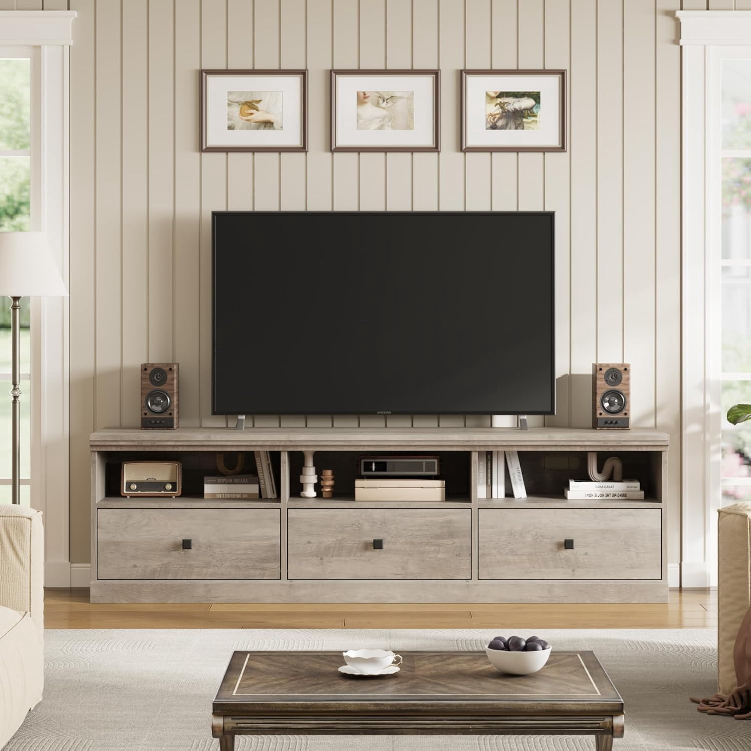 EastVita 70in Mid Century Modern TV Stand for TVs up to 80" Entertainment Center with Storage Drawer and Shelves, TV Console Media Cabinet for Living Room