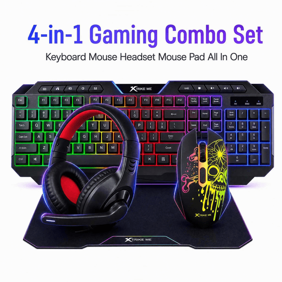 XTRIKE CMX-415 4-In-1 Wired Gaming Kit, Membrane Keyboard & 6D Precision Mouse, RGB Lighting, USB Ports, Lightweight Headphone & Wear-Resistant Mouse Pad, Set for Gaming, Office, Study & Live Stream