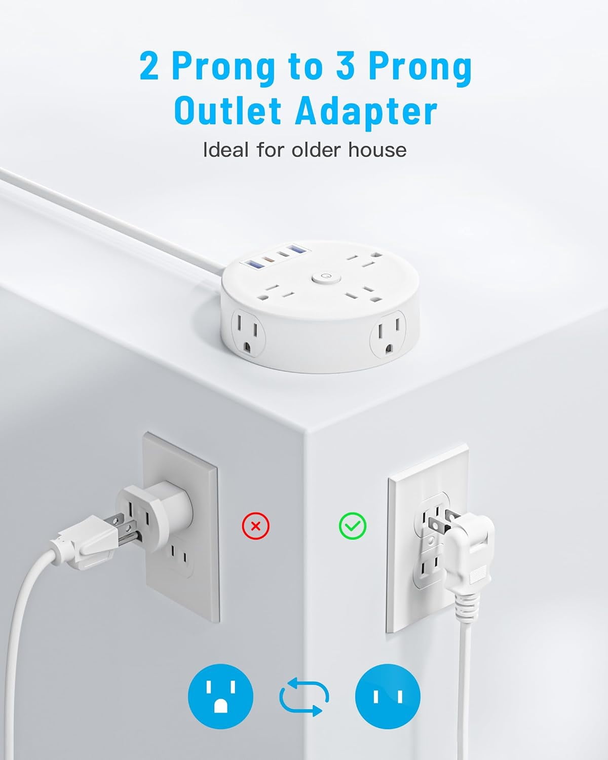 10FT 2 Prong Power Strip, 2 Prong to 3 Prong Outlet Adapter, Flat Extension Cord, Surge Protector with Rotating Plug, 6 Outlets 4 USB(2 USB C), Wall Mount, Ideal for Non-Grounded Outlets