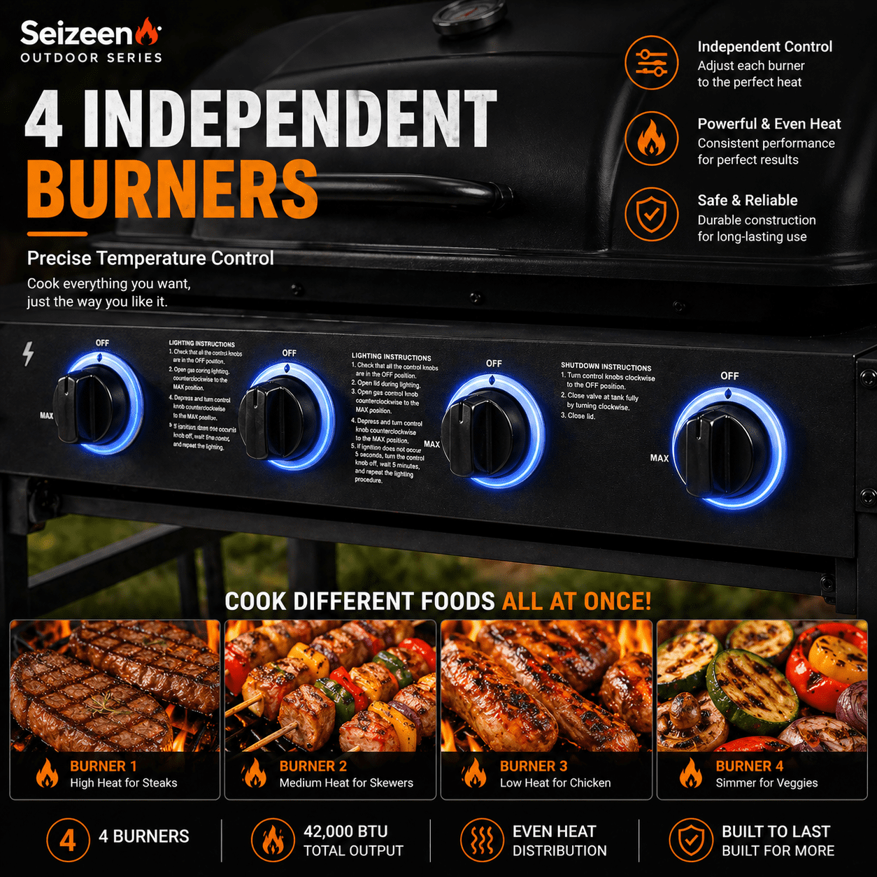 4 Burner Propane Gas Grill with Side Burner, 42000 BTU Stainless Steel BBQ Grill with Cast Iron Grates, 534 Sq In Cooking Area, Outdoor Barbecue Grill with Side Tables for Patio Backyard Cooking