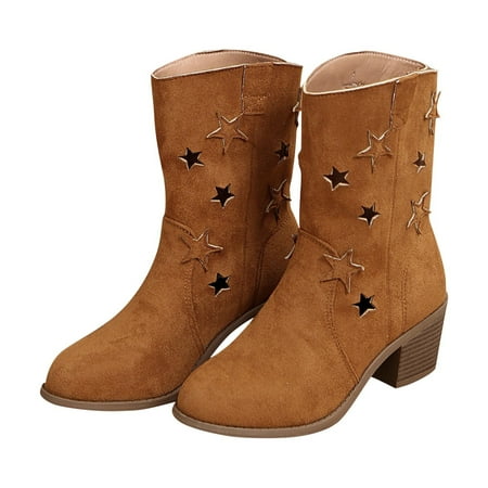 

hopeusnice Women s Star Cut Out Ankle Boots Suede Block Heel Booties Low Heel Round Toe Short Boots Fall Winter Shoes Brown 43