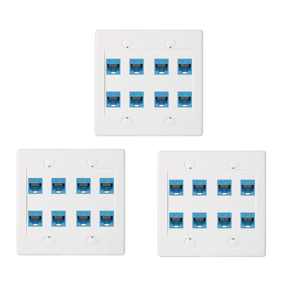 3X Plaque Murale Ethernet 8 Ports - Double Câble Réseau Cat6 RJ45 Faceplate Femelle à Femelle - Bleu