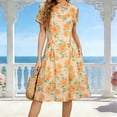 thumbnail image 2 of Vestido de Manga Corta Midi Manga Corta Vestido de Otoño, Elegante de la Gasa de la Mujer Cuello Redondo Impreso Ocasional de Verano de la Playa, 2 of 7