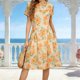 thumbnail image 2 of Vestido de Manga Corta Midi Manga Corta Vestido de Otoño, Elegante de la Gasa de la Mujer Cuello Redondo Impreso Ocasional de Verano de la Playa, 2 of 7