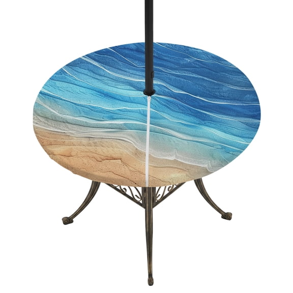 Round Outdoor Tablecloth with Umbrella Hole and Zipper, Blue Ombre Coastal Fitted Table Cover with Elastic Edge for 55-60 Inch, Summer Nautical Beach Ocean Seaside Waterproof Patio Tablecoths