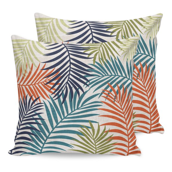 Pillow Covers 16x16 Set of 2, Orange Green Blue Palm Leaves Throw Pillow Covers Decorative Couch Cushion Cover, Summer Botanical Tropical Leaf Microfiber Soft Pillowcases for Bedroom Living Room Sofa