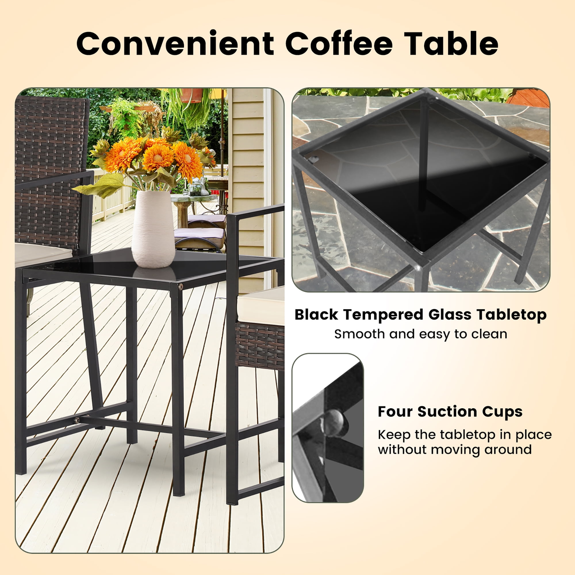 Costway 3pcs Patio Furniture Set Heavy Duty Cushioned Wicker Rattan Chairs Table