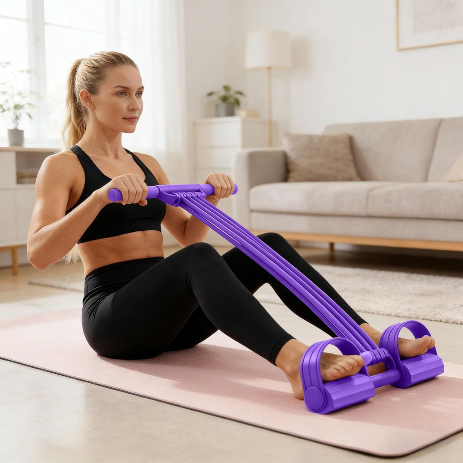 Elastic Pedal Resistance Bands with Non-Slip Handles, Multifunction Tension Rope, for Full Body Workout, Yoga and Stretching（purple）