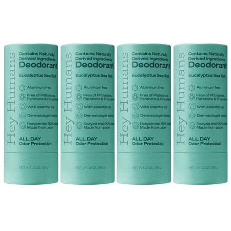 Hey Humans Deodorant Stick, Aluminum Free Deodorant for Women and Men, Eucalyptus Sea Salt, 2 oz, 4-Pack