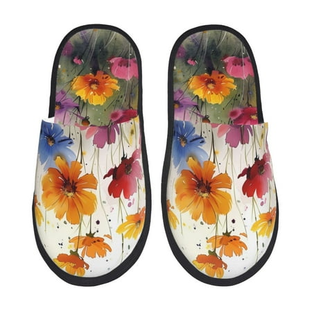 Balery Colorful Wildflower Meadow Slient Indoor Furry Fleece Comfort House Shoes Soft Non-Slip Home Shoes Cotton slippers House Slippers-- Medium