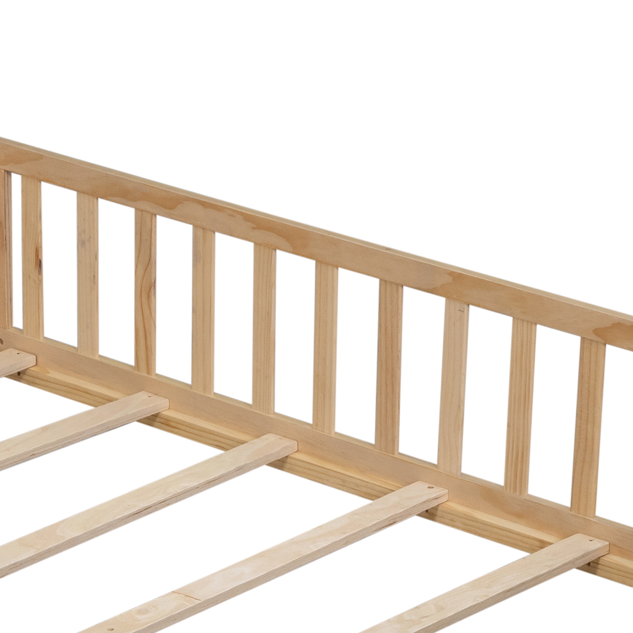 Noble House Full-Size Montessori Floor Platform Bed, Solid Wood Floor Beds with Fence & Door, Toddler-Safe, Natural
