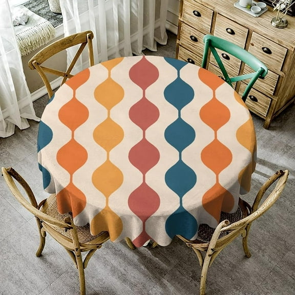 Mid Century Tablecloth, Groovy Retro 1960s Abstract Geometric Pattern Table Cloth Cover for Kitchen Dining Holiday Party Home Decor, Navy Blue Orange Red Round(60x60in)