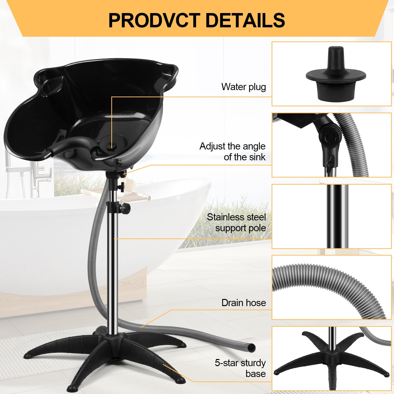 Portable Shampoo Bowl, 270 Degree Rotation of Hair Washing Basin, Height Adjustable Salon Sink with Drain Hoses for Home Salon Use (Black)
