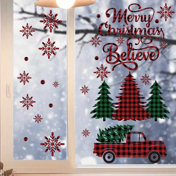 Christmas Winter Window Cling Sticker Black Red Xmas Tree Snow For Home Party