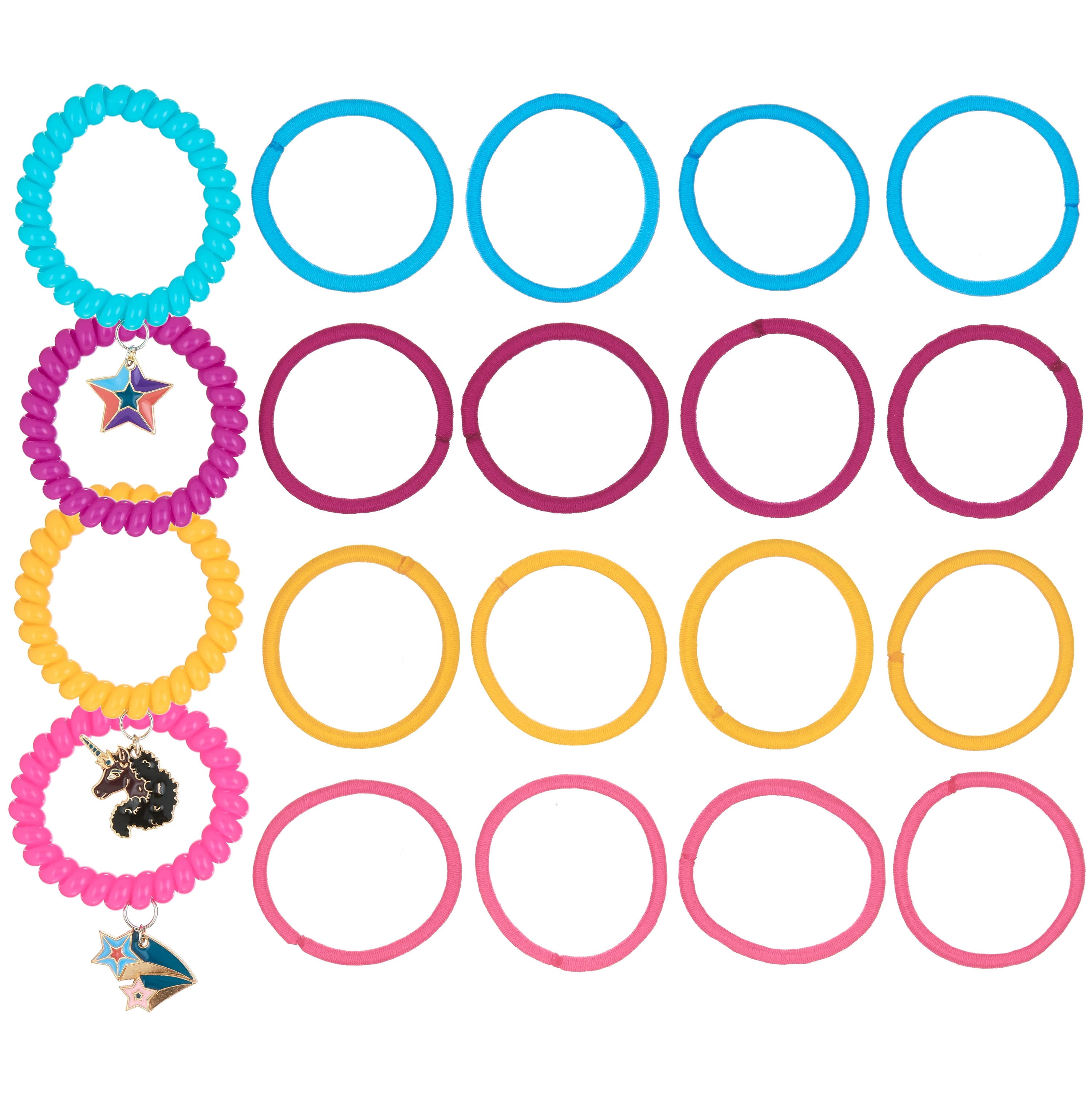 Afro Unicorn Hair Elastics & Coils with Charms Spiral Ponytail Holder, Assorted Colors, 20pc, Kids Ponytail Holder