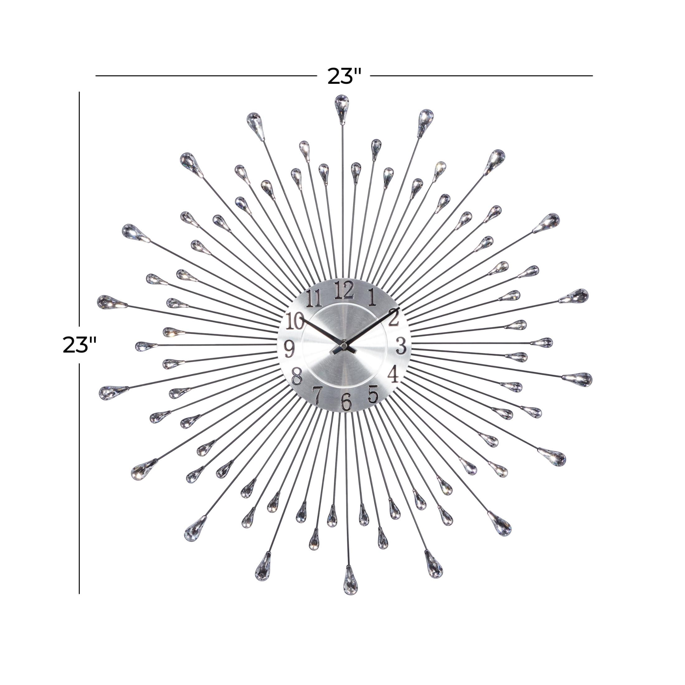 DecMode 23" Silver Metal Starburst Wall Clock with Crystal Embellishment