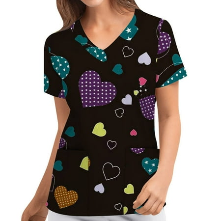 

Hesxuno Summer Scrubs Tops for Women Women Short Sleeve V-neck Tops Uniform Valentine s Day Printed Pockets Blouse Plus Size Joggers Shirts