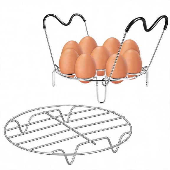 ClaraHome Stainless Steel Egg Steamer Rack and Cooling Trivet Set, Pressure Cooker Accessory with Heat Resistant Silicone Handles, Compatible with 6 and 8 Quart Pots, 2-Piece Set, 9-Hole, Silver
