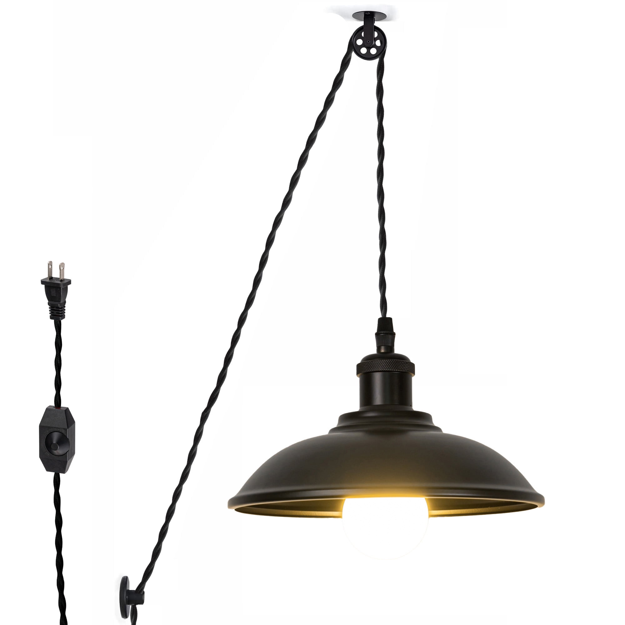 Kiven Plug in Industrial Pendant Light, Pulley Hanging Light with Iron