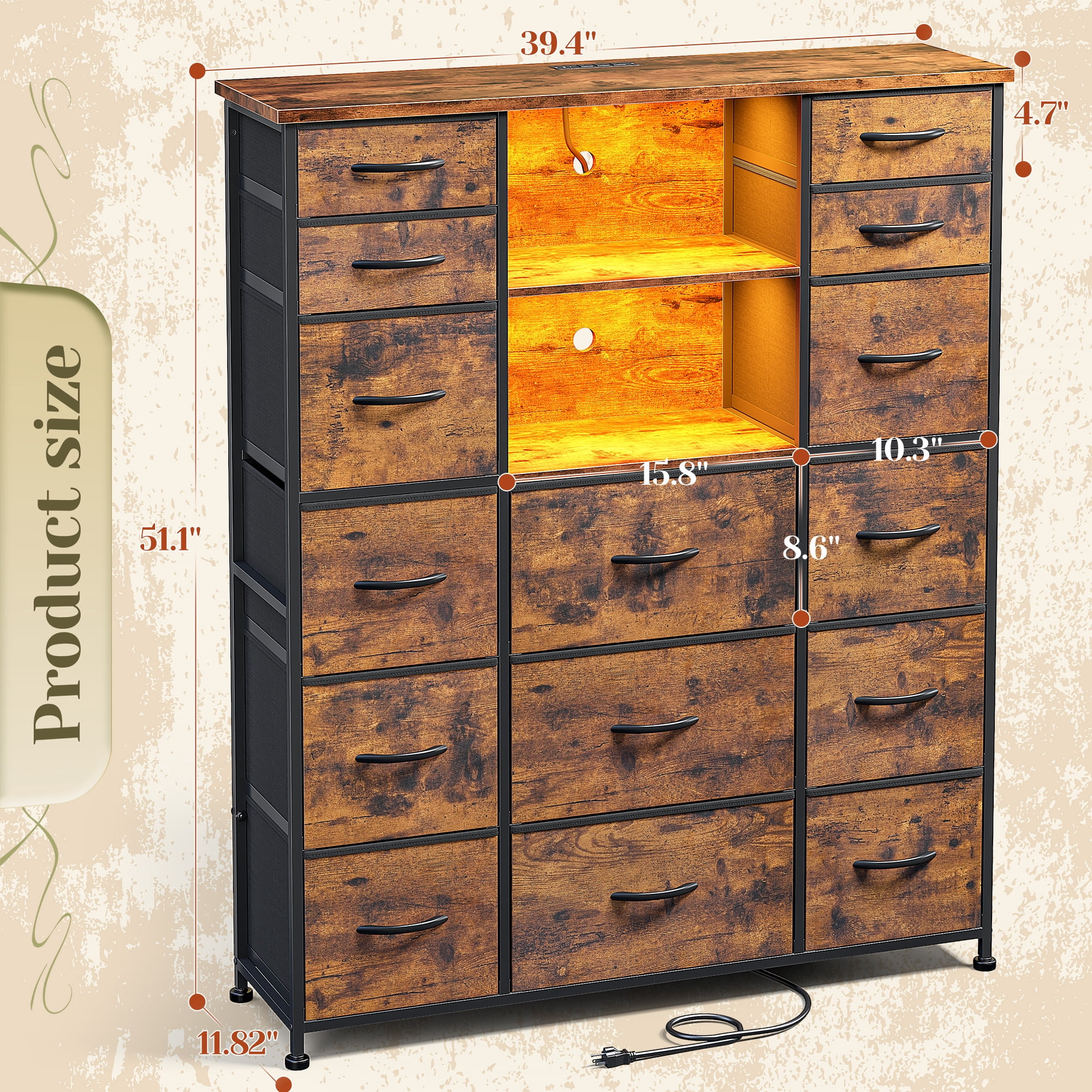 Romorgniz 51" H Dresser with 15 Fabric Drawers Tall Dresser for Bedroom with Charging Station & LED Lights, Rustic Brown