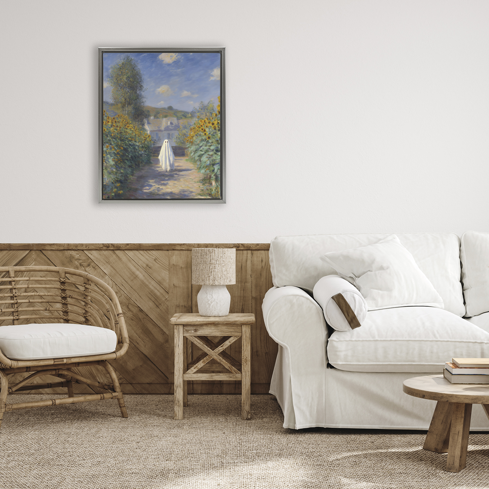Monet Style Sunflower Ghost Gray Framed Floater Canvas Wall Art, design by Arlington Prints