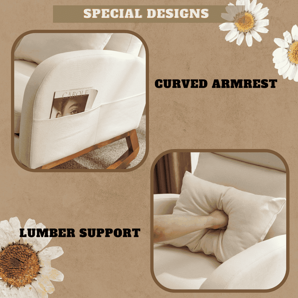 Spaco Linen Rocking Chair with Thick Headrest, Upholstered Mid-Century Modern Nursing Rocker Glider with Curved Armrest and Sturdy Solid Wood Base for Living Room, Bedroom, Baby Room, Beige