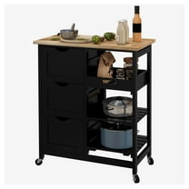 SAZYY Black Kitchen Island on Wheels with Wood Top, Features Shelves & Drawers, Mobile Kitchen Cart