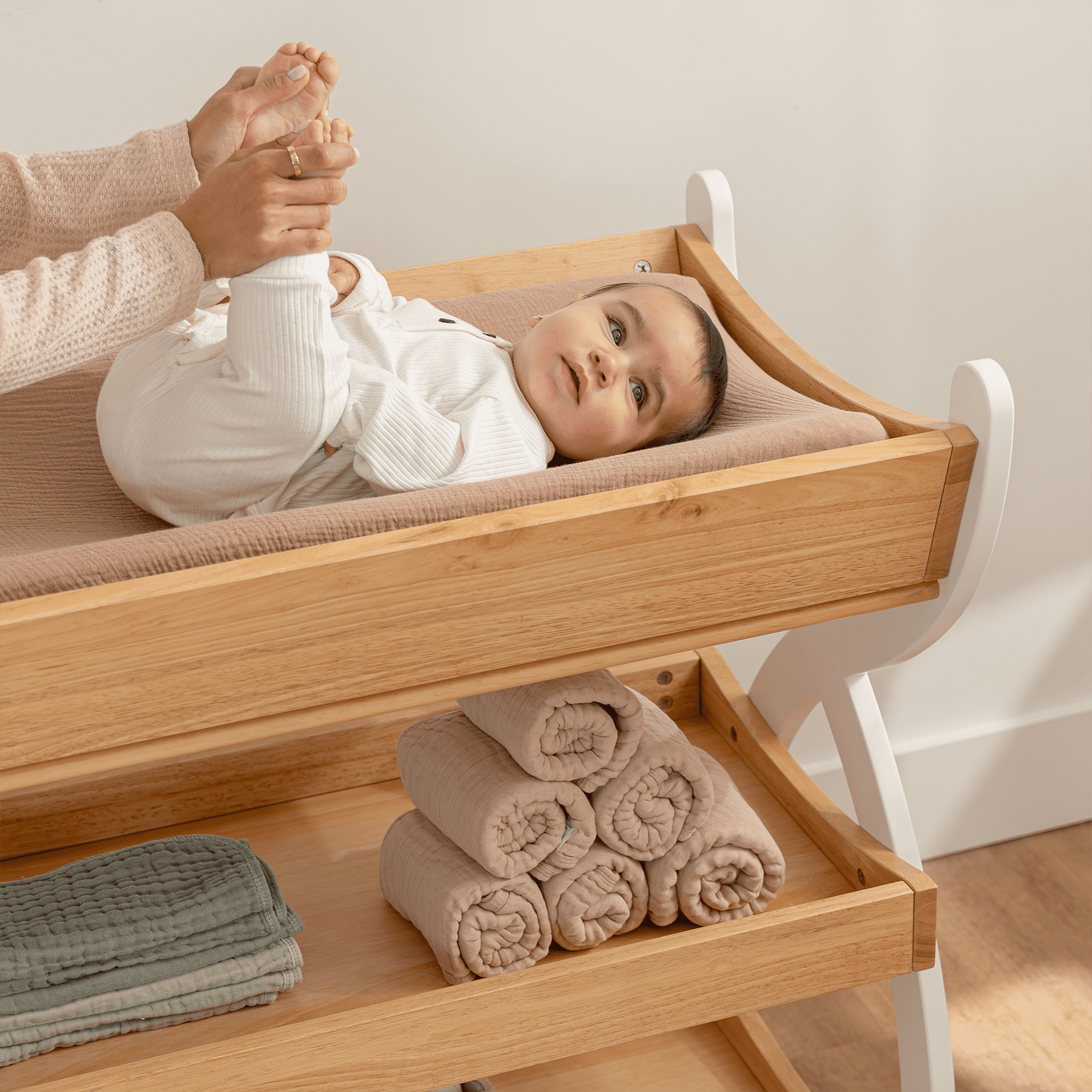 Comfy Cubs Baby Changing Table with Two Open Shelves for Storage - Natural Wood with White Legs